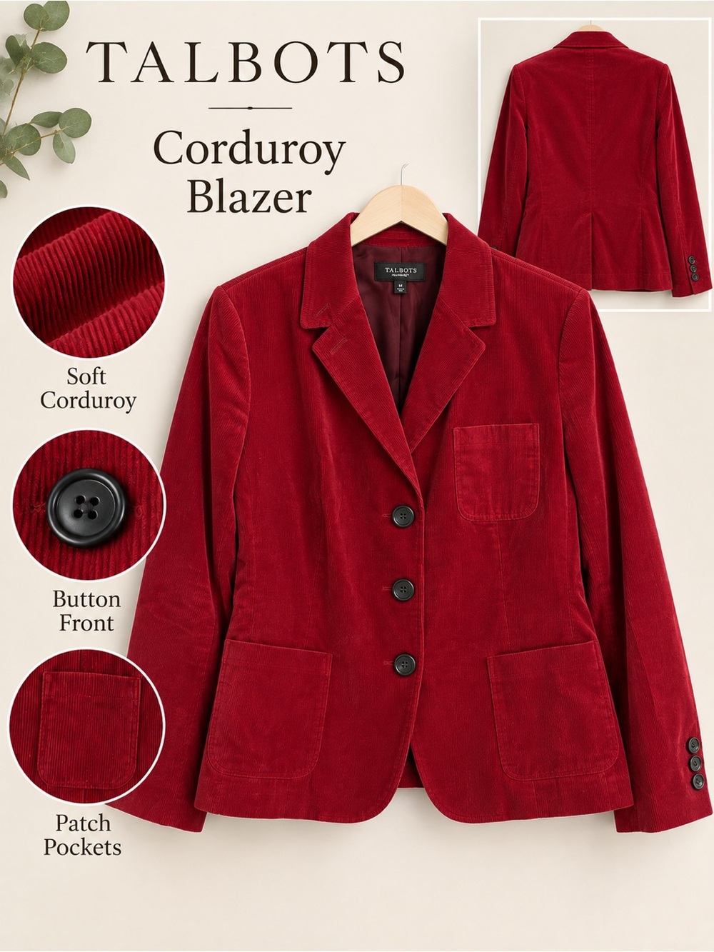 Talbots Corduroy Blazer Dark Red Burgundy Size 14 Cotton Stretch Jacket